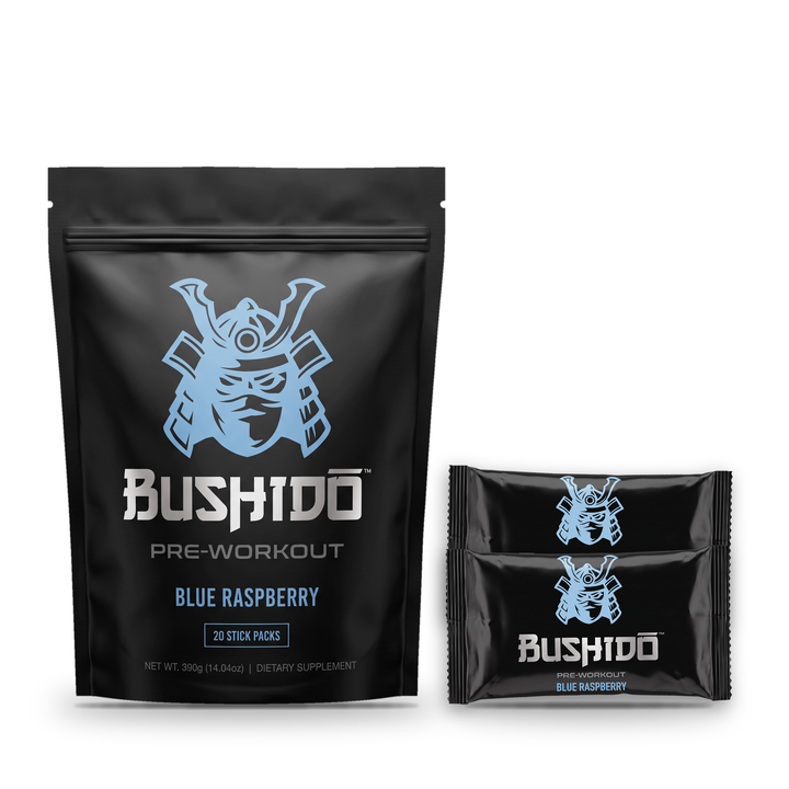 Bushido Pre-Workout Stick Packs – Blue Raspberry bag with stick packs