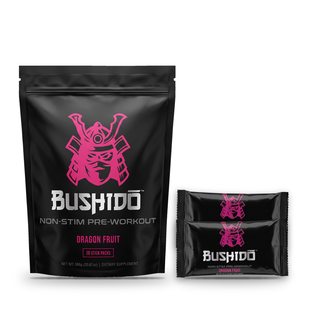 Bushido Stim-Free Pre-Workout Stick Packs – Dragon Fruit bag with stick packs