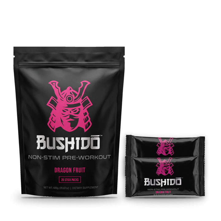 Bushido Stim-Free Pre-Workout Stick Packs – Dragon Fruit bag with stick packs