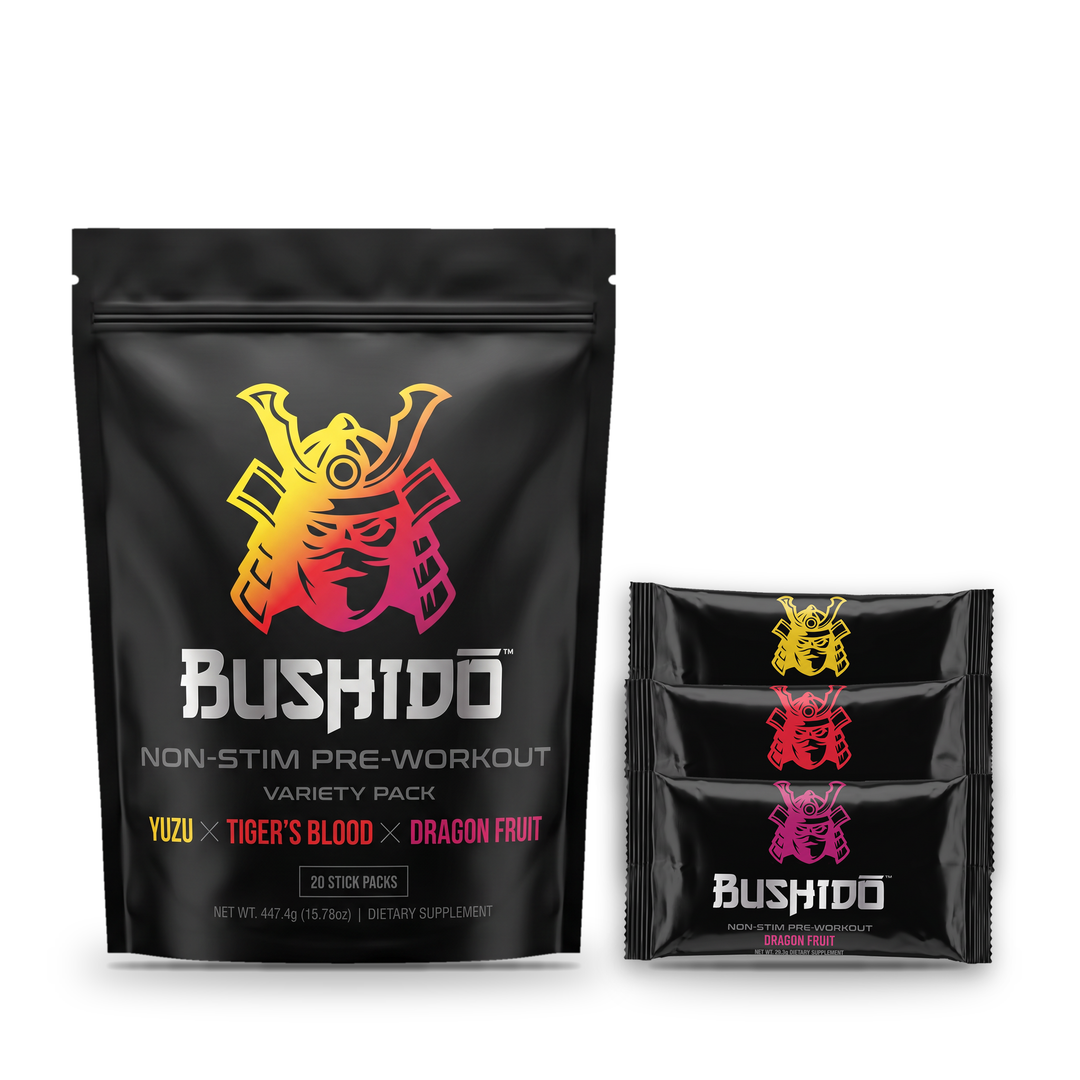 Bushido Stim-Free Pre-Workout Stick Packs – Variety Pack bag with stick packs