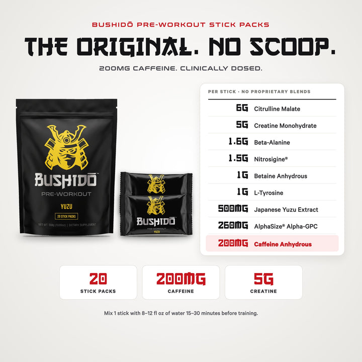 Bushido Pre-Workout stick packs – per-stick doses: 6g citrulline malate, 5g creatine, 200mg caffeine anhydrous