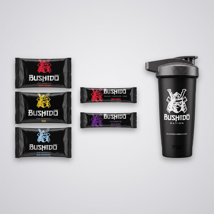Bushido Sampler Pack (Stim): 3 pre-workout samples, BCAA and Hydrate sticks, black Bushido shaker