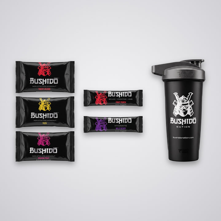 Bushido Stim-Free Sampler Pack: 3 non-stim pre-workout samples, BCAA and Hydrate sticks, black Bushido shaker
